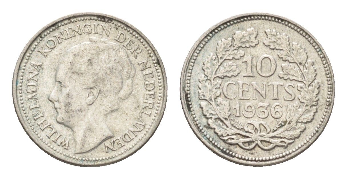 Нидерланды 10 центов 1936 Вильгельмина I (1890-1948) KM 163 серебро 4659-1153