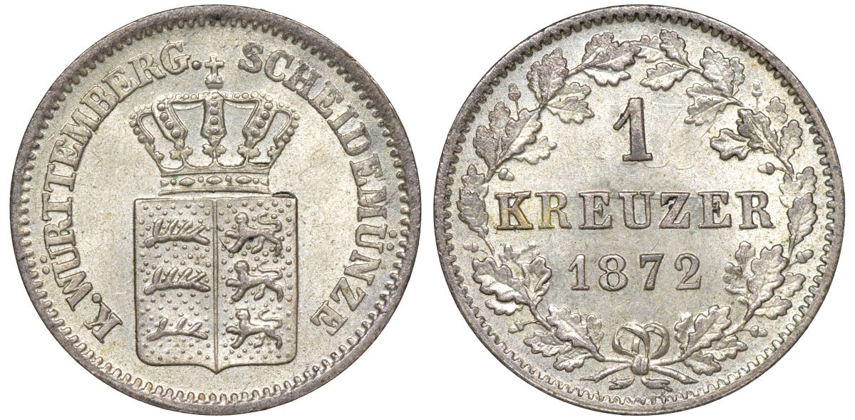 Вюртемберг 1 крейцер 1872 Карл I (1864-1891) KM 612, Jaeger 82, AKS 128 серебро  aUNC  413-6643