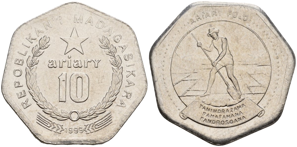 Мадагаскар 10 ариари 1999 KM 27 сталь плакированная никелем UNC 4604-817