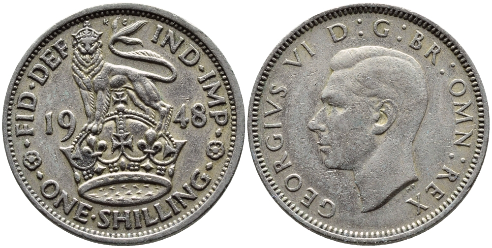Великобритания 1 шиллинг 1948 Георг VI (1936-1952), Английский герб KM 863, Spink 4105 медно-никель 4393-313