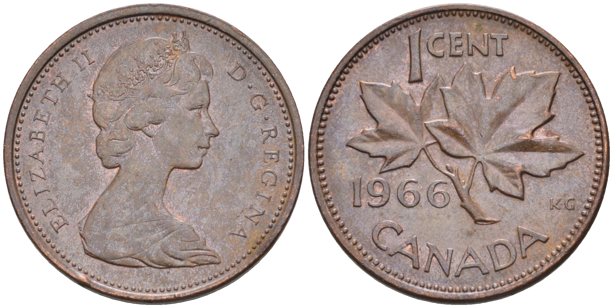 Канада 1 цент 1966 Елизавета II (1952-2022), кленовый лист KM 59.1 бронза  4147-249