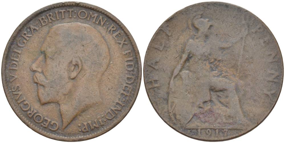 Великобритания 1/2 пенни 1917 Георг V (1910-1936) KM 809, Spink 4056 бронза 4544-435