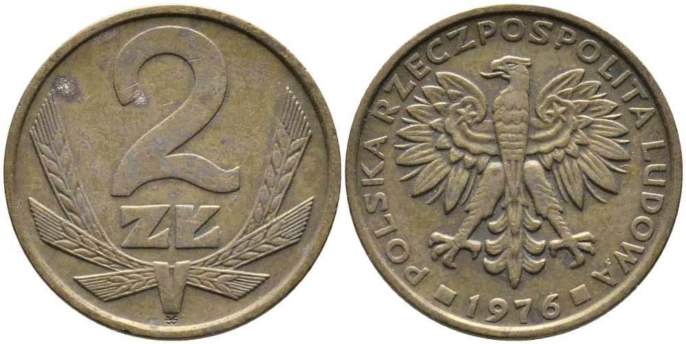 Польша 2 злотых 1976 Ленинградский монетный двор (ЛМД) KM 80.1, Parchimowicz 217b латунь 110-852