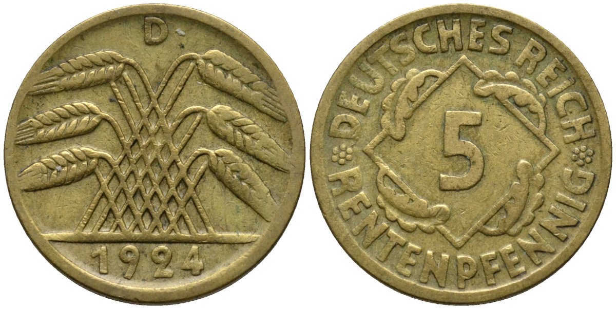 Германия 5 рентенпфеннигов 1924 D KM 32 алюминиевая бронза 4396-332
