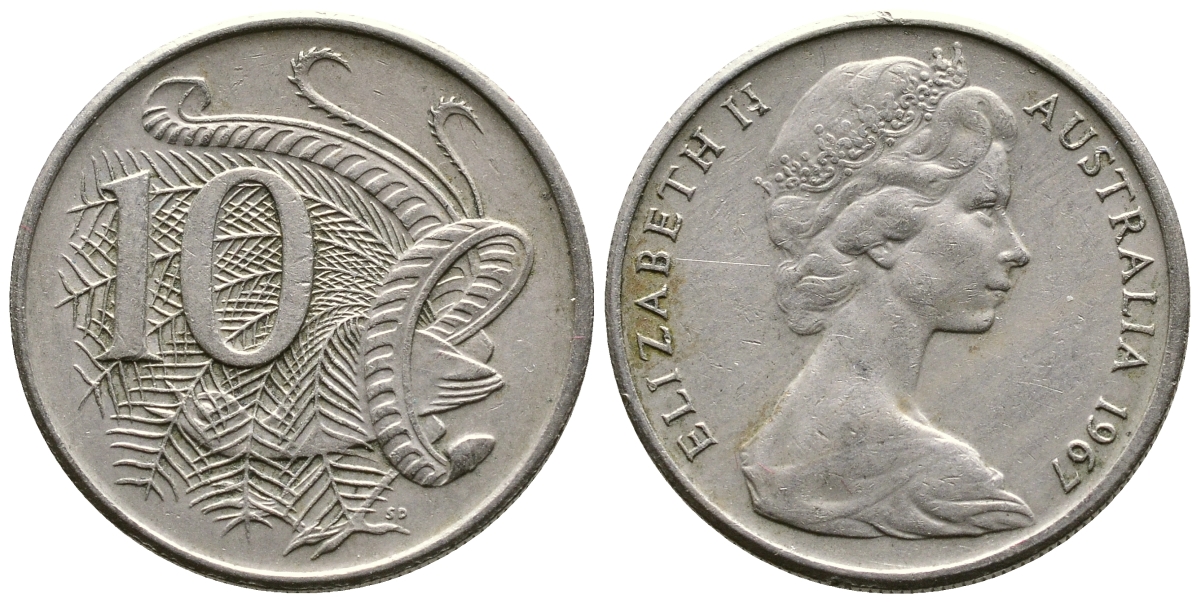 Австралия 10 центов 1967 Елизавета II (1952-), птица лирахвост KM 65 медно-никель 23-1442