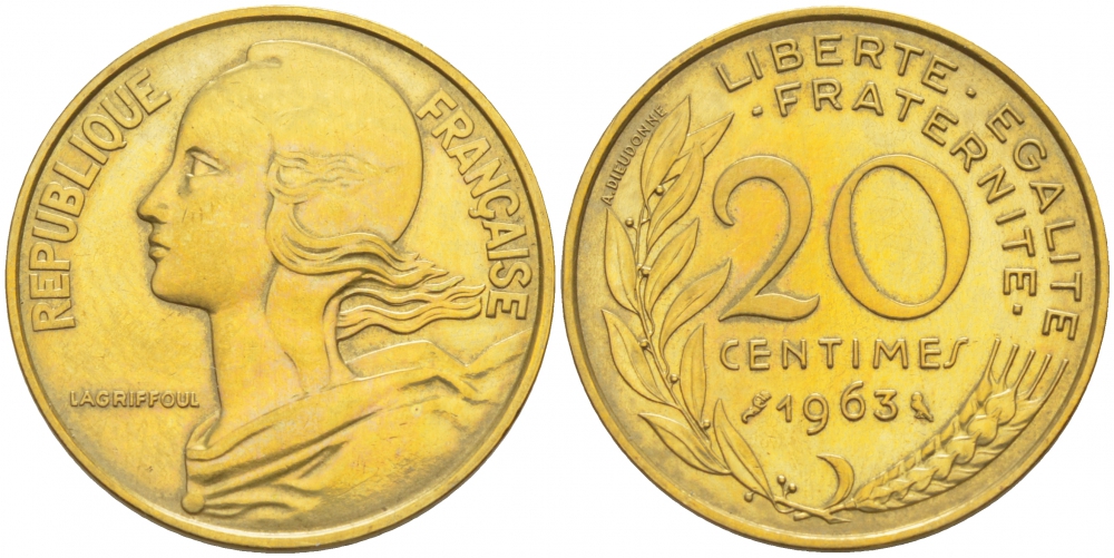 ФРАНЦИЯ 20 САНТИМОВ 1963 KM 930 медь алюминий никель 113-1221