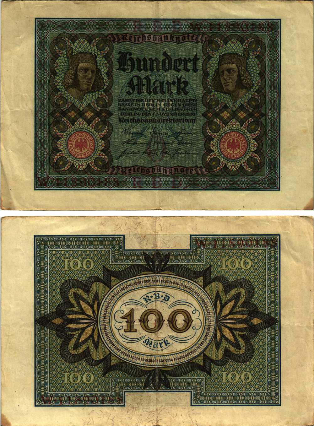 Германия 100 марок 1920 Бамбергский всадник, 8 цифр в номере, серия W, буква O Pick 69 b, Розенберг 69b бумага 8609-55-2