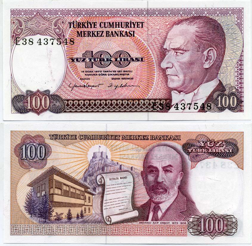 ТУРЦИЯ 100 ЛИР 1984 ПРЕЗИДЕНТ КЕМАЛЬ АТАТЮРК, ВОДЯНОЙ ЗНАК БОЛЬШАЯ ГОЛОВА, КРЕПОСТЬ АНКАРЫ, МЕХМЕТ АКИФ ЭРСОЙ Pick 194b бумага UNC (ПРЕСС) 7552-59-3