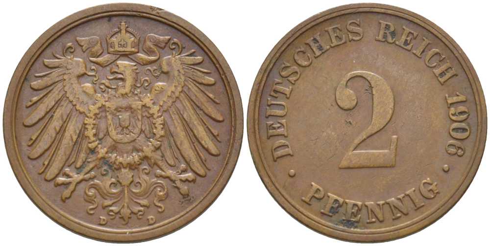 ГЕРМАНИЯ 2 ПФЕННИГА 1906 D KM 16, J. 11, Weege 4 медь 206-525