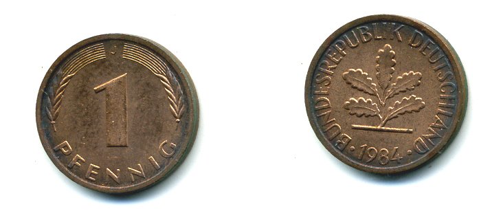 ФРГ 1 ПФЕННИГ 1984 J KM 105, J.380 сталь плакированная медью 46-2058