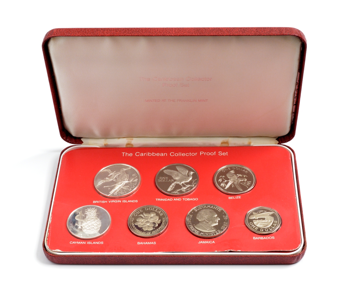 Карибские страны набор из 7 монет 1983 Британские Виргинские острова и др., в запайке в оригинальной коробке с сертификатом есть серебро PROOF 4-5-1-26