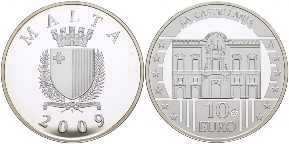 Мальта 10 евро 2009 серия культурное наследие, дворец Кастеллания KM 133 серебро PROOF 04-102-43