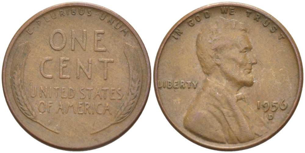 США 1 ЦЕНТ 1956 D, ЛИНКОЛЬН KM А132 медь цинк 218-1027