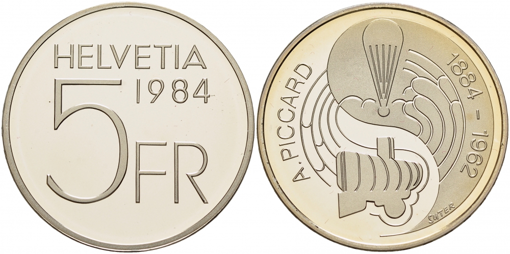 ШВЕЙЦАРИЯ 5 ФРАНКОВ 1984 100 ЛЕТ СО ДНЯ РОЖДЕНИЯ АВГУСТА ПИККАРДА KM 63 медно-никель PROOF 1087-3-34