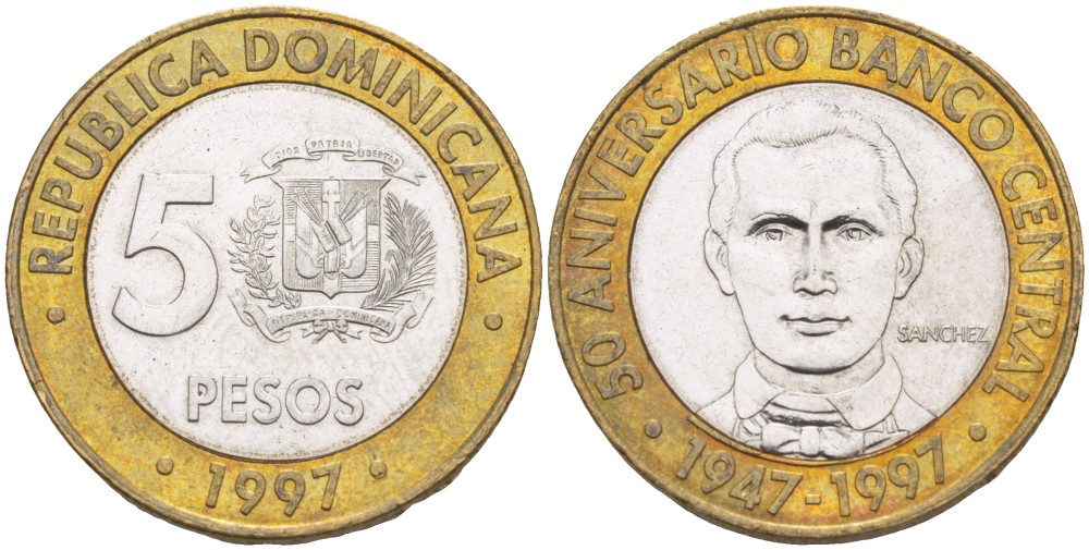 Доминиканская республика 5 песо 1997 50 лет центральному банку KM 88 биметалл 4541-1057