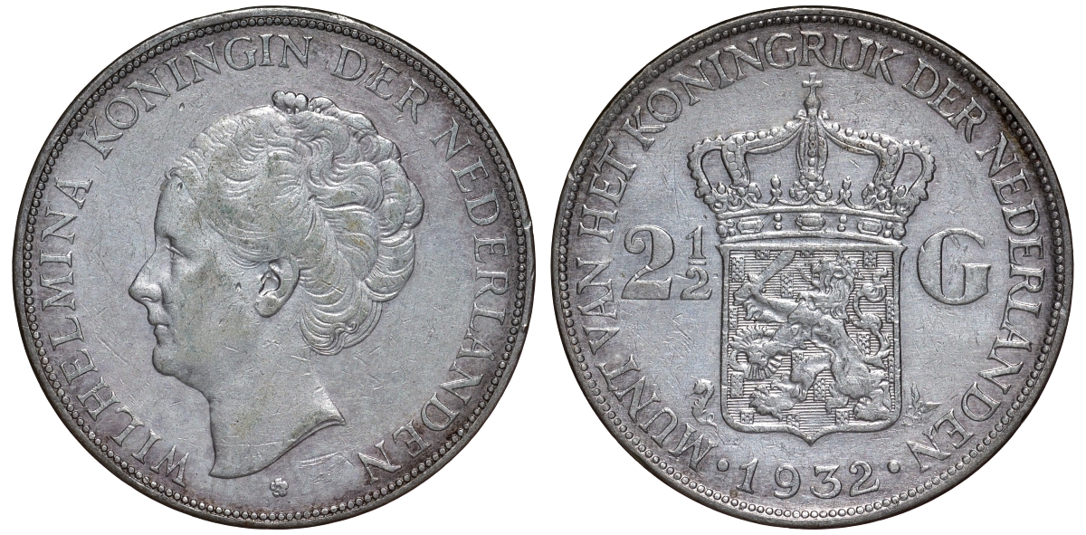 Нидерланды 2 1/2 гульдена 1932 Вильгельмина I (1890-1948) KM 165 серебро  00-00