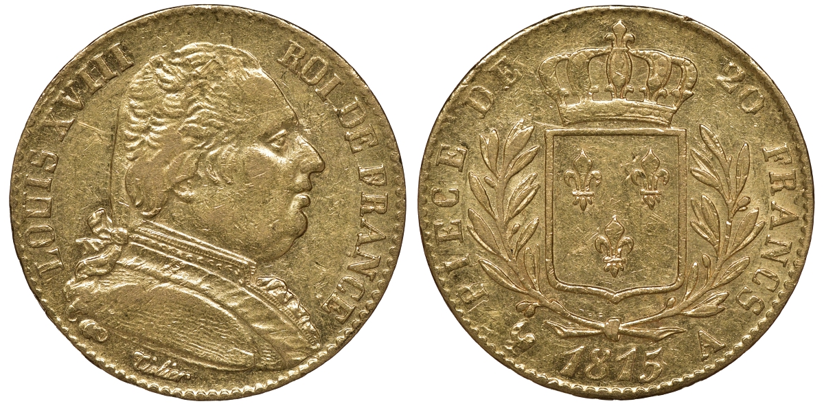 Франция 20 франков 1815 A, Луи XVIII KM 706.1 золото aUNC 00-000-00