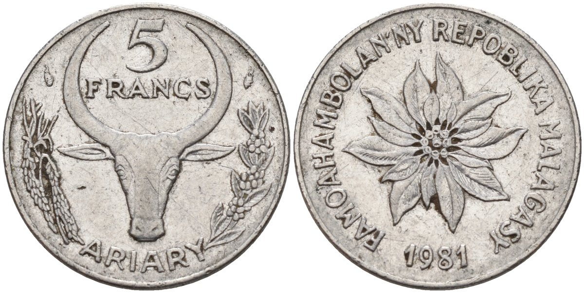 Мадагаскар 5 франков 1981 KM 10 сталь 4141-647