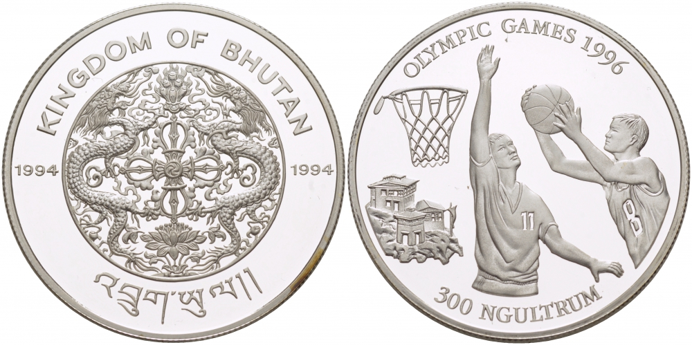 Бутан 300 нгултрумов 1994 XXVI летние Олимпийские Игры, Атланта 1996 - Баскетбол KM 73 серебро  PROOF 02-116-32