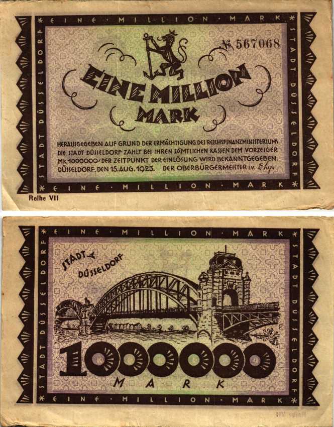 ДЮССЕЛЬДОРФ 1000000 МАРОК 1923 НОТГЕЛЬД, 15 АВГУСТА 1923, ЗЕМЛЯ СЕВЕРНЫЙ РЕЙН-ВЕСТФАЛИЯ, REIHE VII Keller 1150q бумага 6318-37-1-1