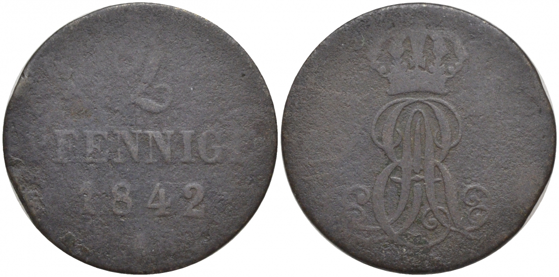 Ганновер 2 пфеннига 1842 A, Эрнст Август (1837-1851) KM 174.1 медь 4681-134
