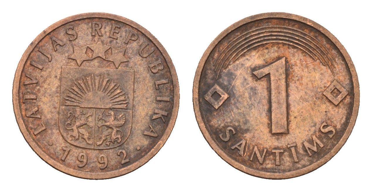 Латвия 1 сантим 1992 KM 15 сталь плакированная медью 105-317