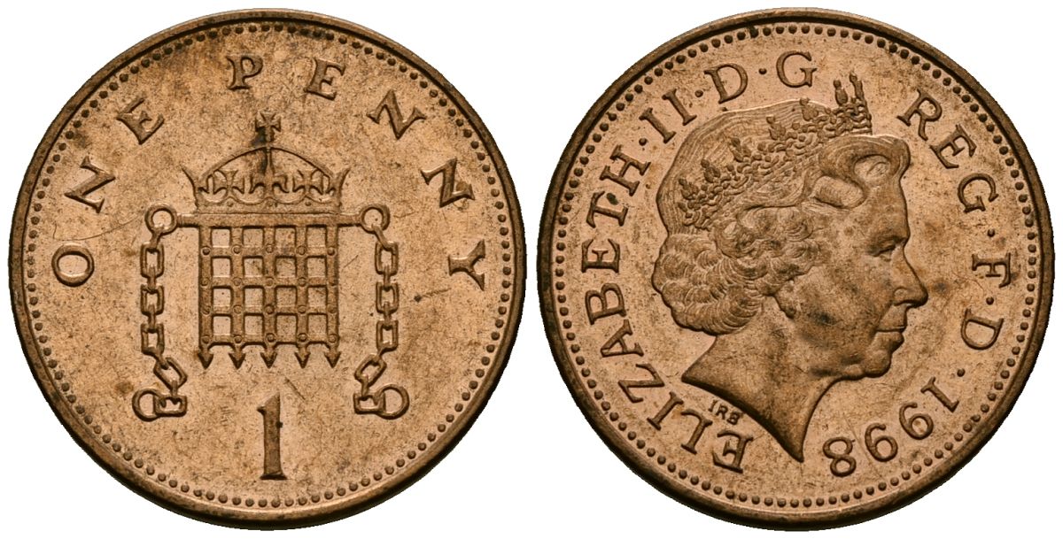 Великобритания 1 пенни 1998 Елизавета II (1952-2022) KM 986, Spink 4710 (B5) сталь плакированная медью 4172-522
