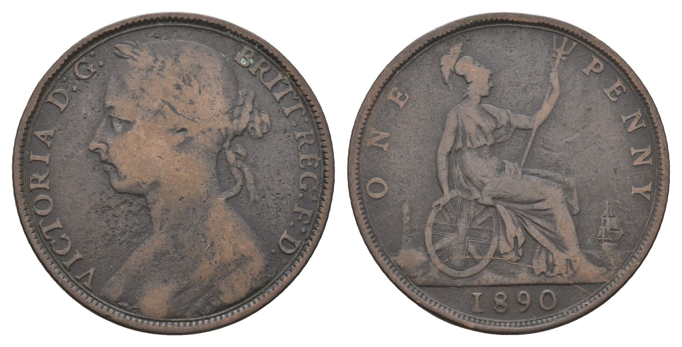 Великобритания 1 пенни 1890 Виктория (1837-1901) KM 755, Spink 3954 бронза 4661-421