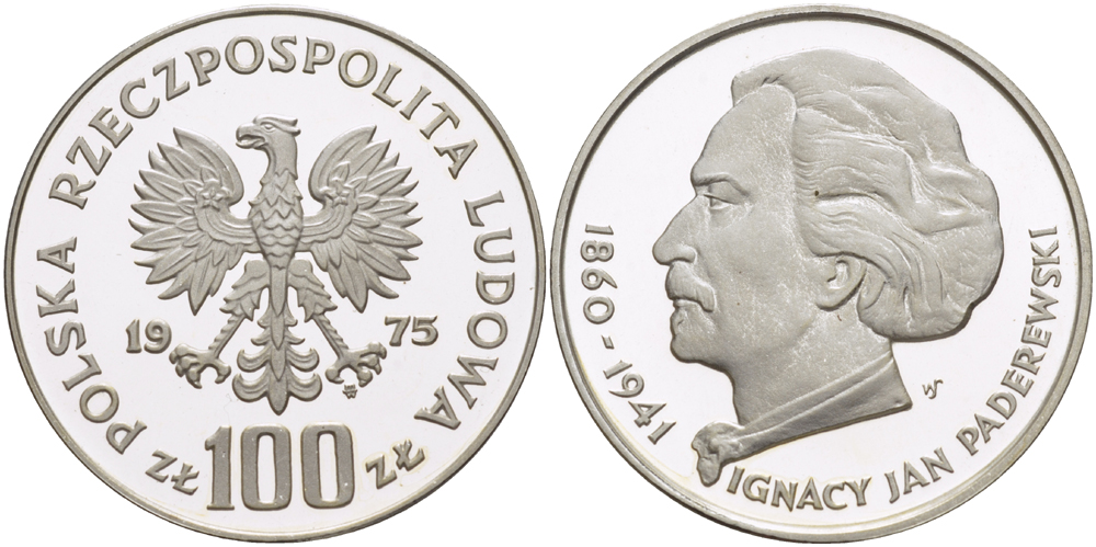 Польша 100 злотых 1975 MW, Игнаций Ян Падеревский (1860-1941) KM 77, Parchimowicz 273 серебро PROOF 1084-10-61