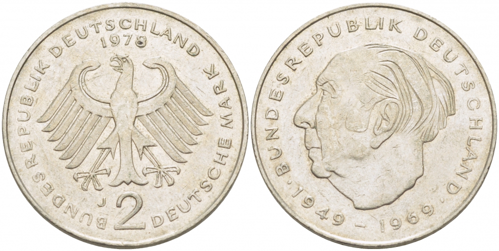 ФРГ 2 марки 1978 J, Теодор Хойс KM 127, J. 407 медно-никель плакированный никелем 3718-1021