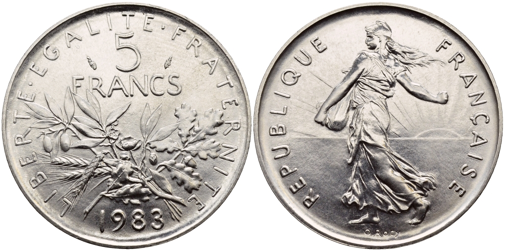 Франция 5 франков 1983 сеятель, тираж 100972 экземпляров KM 926a.1, LE FRANC 341.15 медно-никель плакированный никелем  UNC  1530-1414
