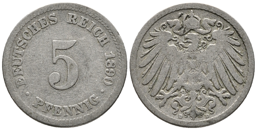 ГЕРМАНИЯ 5 ПФЕННИГОВ 1890 D KM 11, J. 12 медно-никель 39-628