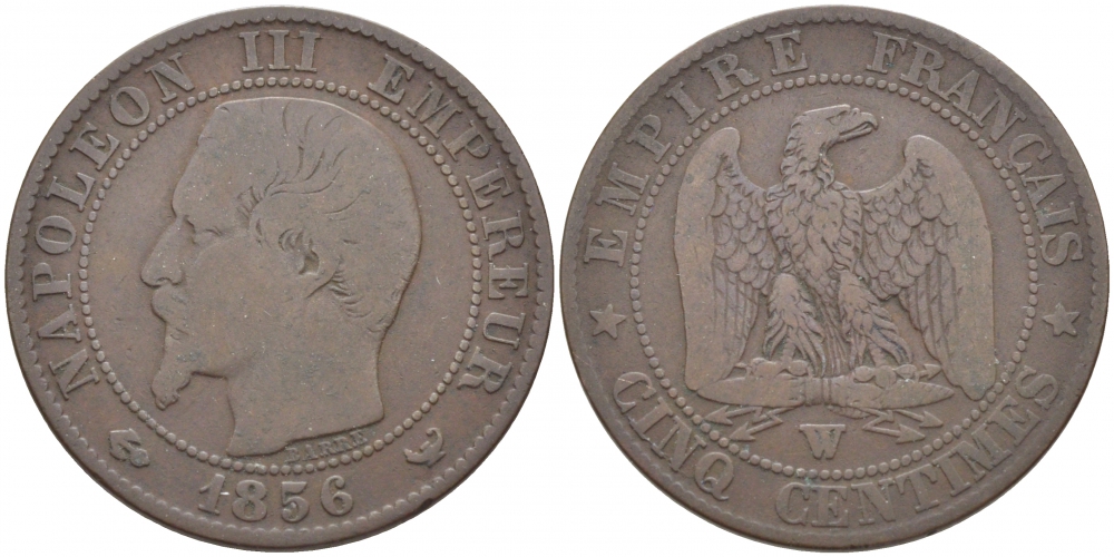 ФРАНЦИЯ 5 САНТИМОВ 1856 W, НАПОЛЕОН III (1852-1870) KM 777.7, LA FRANC 116.36 бронза 4448-115