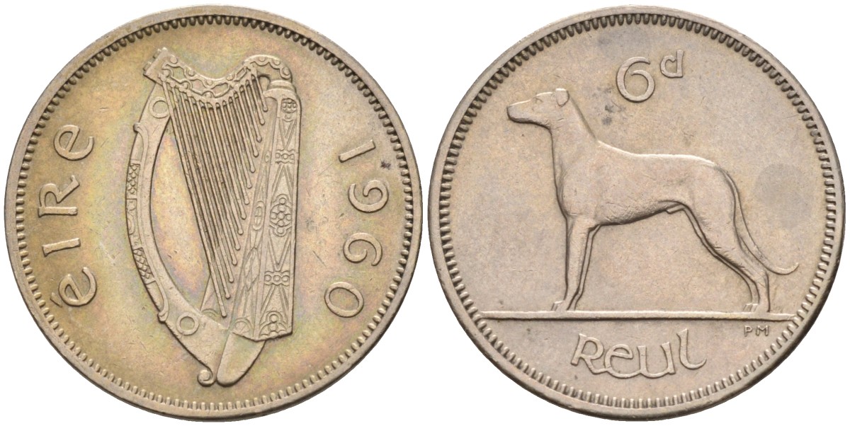 Ирландия 6 пенсов 1960 собака, ирландский волкодав KM 13а медно-никель XF 4582-233