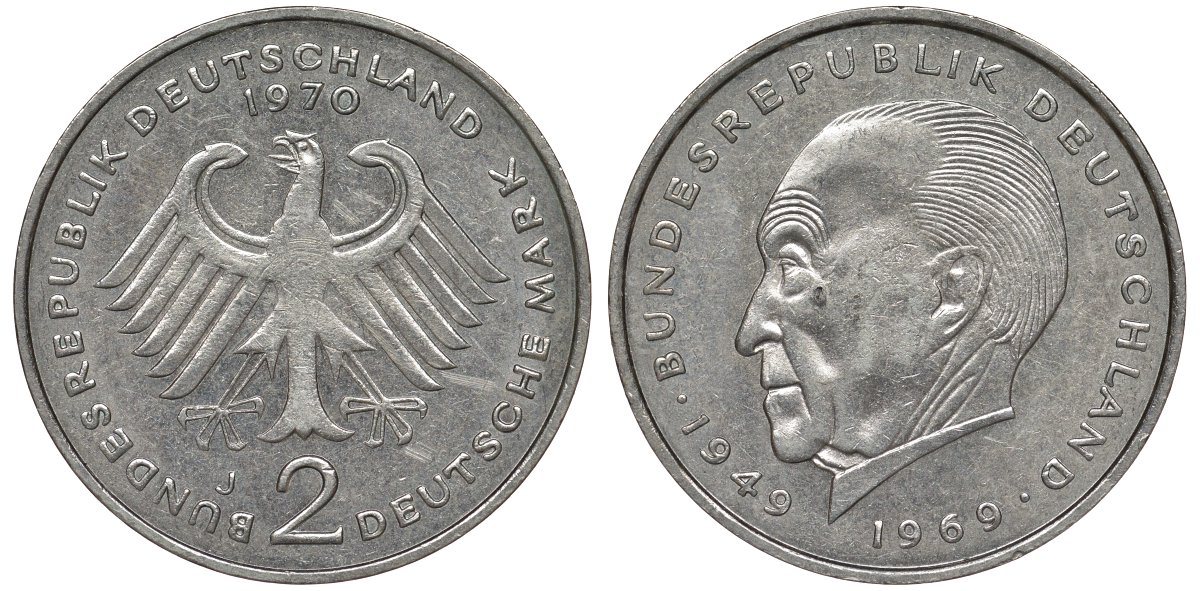 ФРГ 2 МАРКИ 1970 J, КОНРАД АДЕНАУЭР KM 124, J. 406 медно-никель плакированный никелем плакированный никелем UNC 72-434