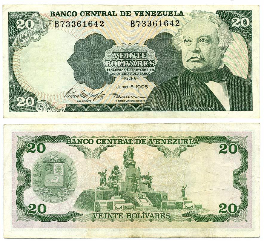 Венесуэла 20 боливаров 1995 Pick 63e бумага 8592-17-2-1