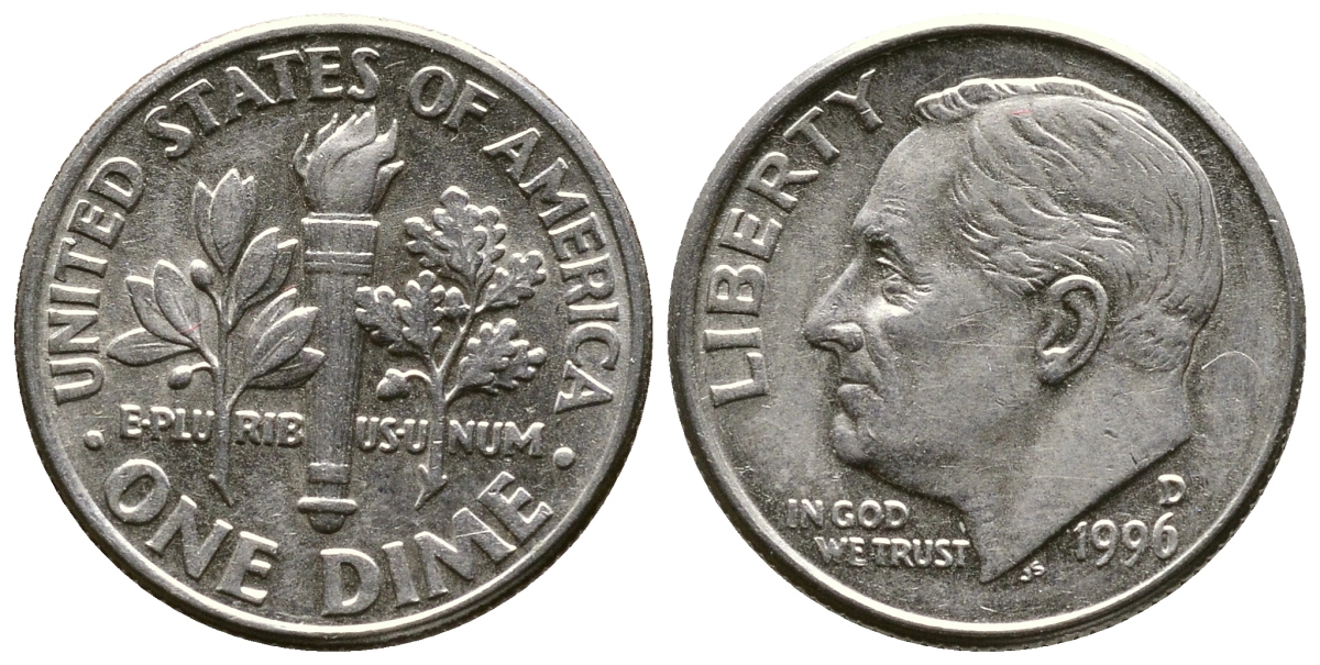 США 10 ЦЕНТОВ = 1 ДАЙМ 1996 D, РУЗВЕЛЬТ KM 195а медь плакированная медно-никелем 57-1252