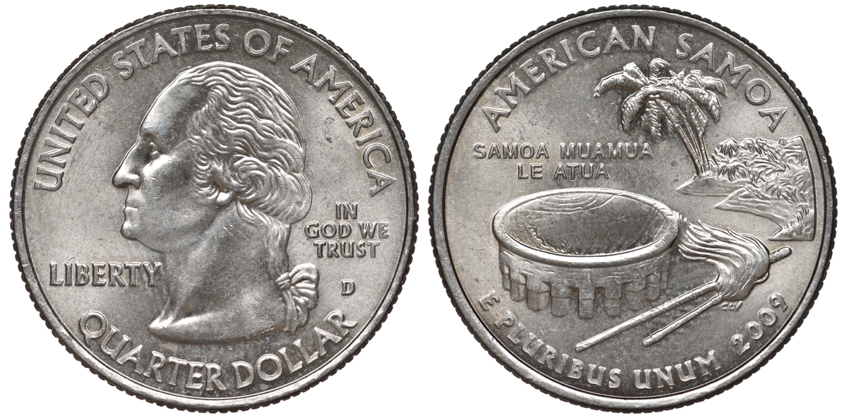 США 25 центов = квотер 2009 D, серия штаты США, Американское Самоа KM 448 медь плакированная медно-никелем 4525-1225
