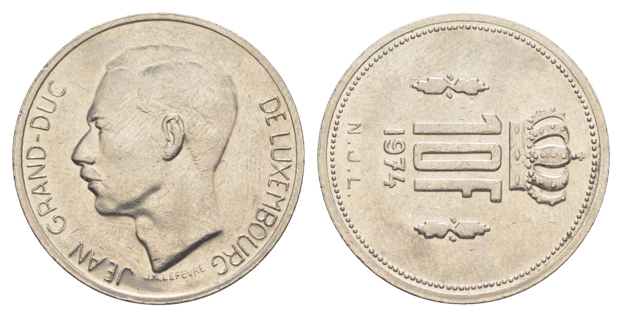 Люксембург 10 франков 1974 Герцог Жан (1964-1999), брак, разворот на 90 градусов KM 57 никель 4641-1055