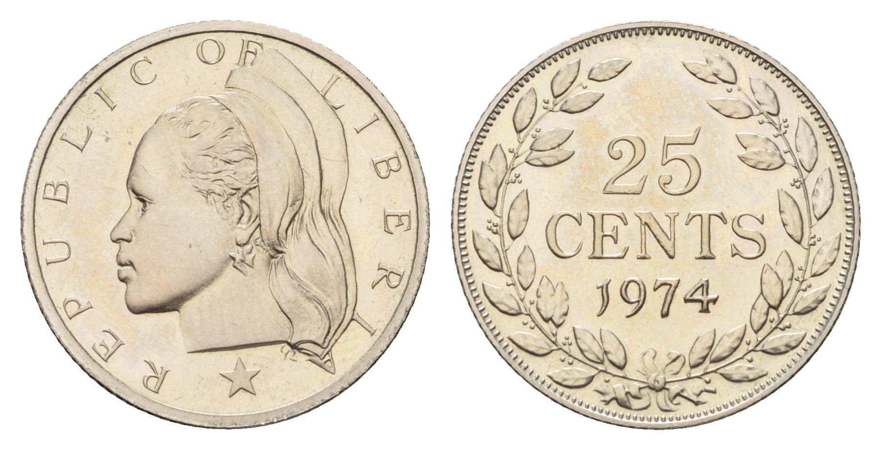 Либерия 25 центов 1974 KM 16a.2 медно-никель PROOF 4670-1131