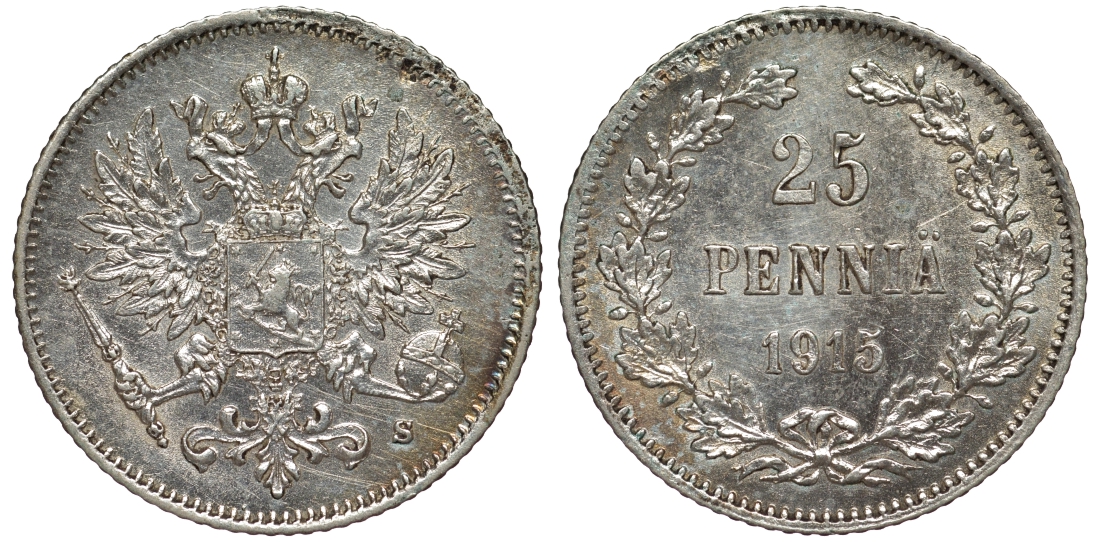 Россия для Финляндии 25 пенни 1915 S, Николай II (1894-1917) KM 6.2, Биткин 420 серебро 75-1164