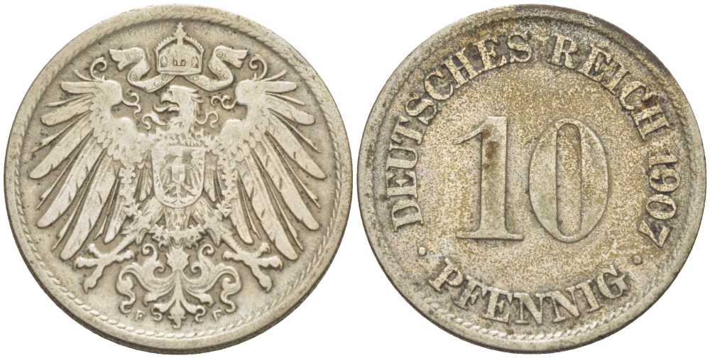 Германия 10 пфеннигов 1907 F KM 12, J. 13, Weege 8 медно-никель 176-411