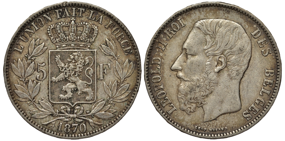 Бельгия 5 франков 1870 Леопольд II (1865-1909) KM 24 серебро 443-1211
