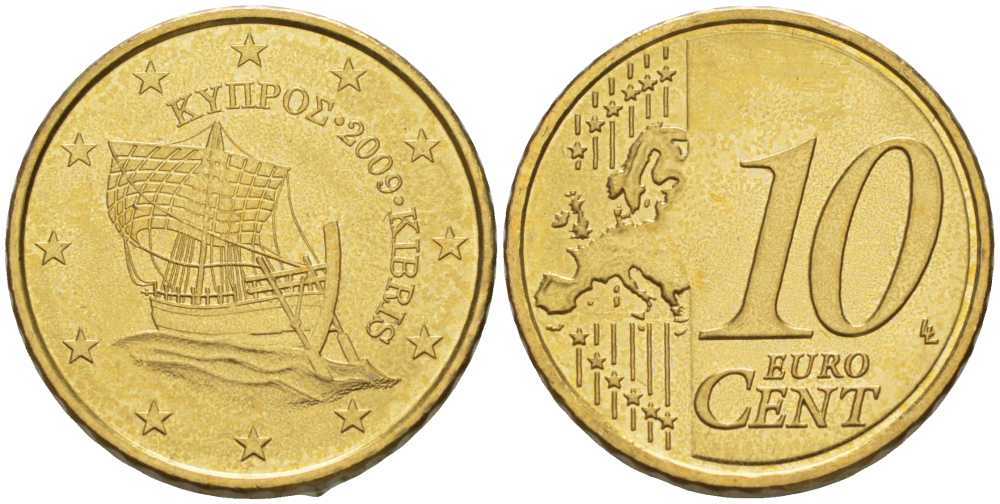 Кипр 10 евроцентов 2009 парусник KM 81 латунь UNC 99-623