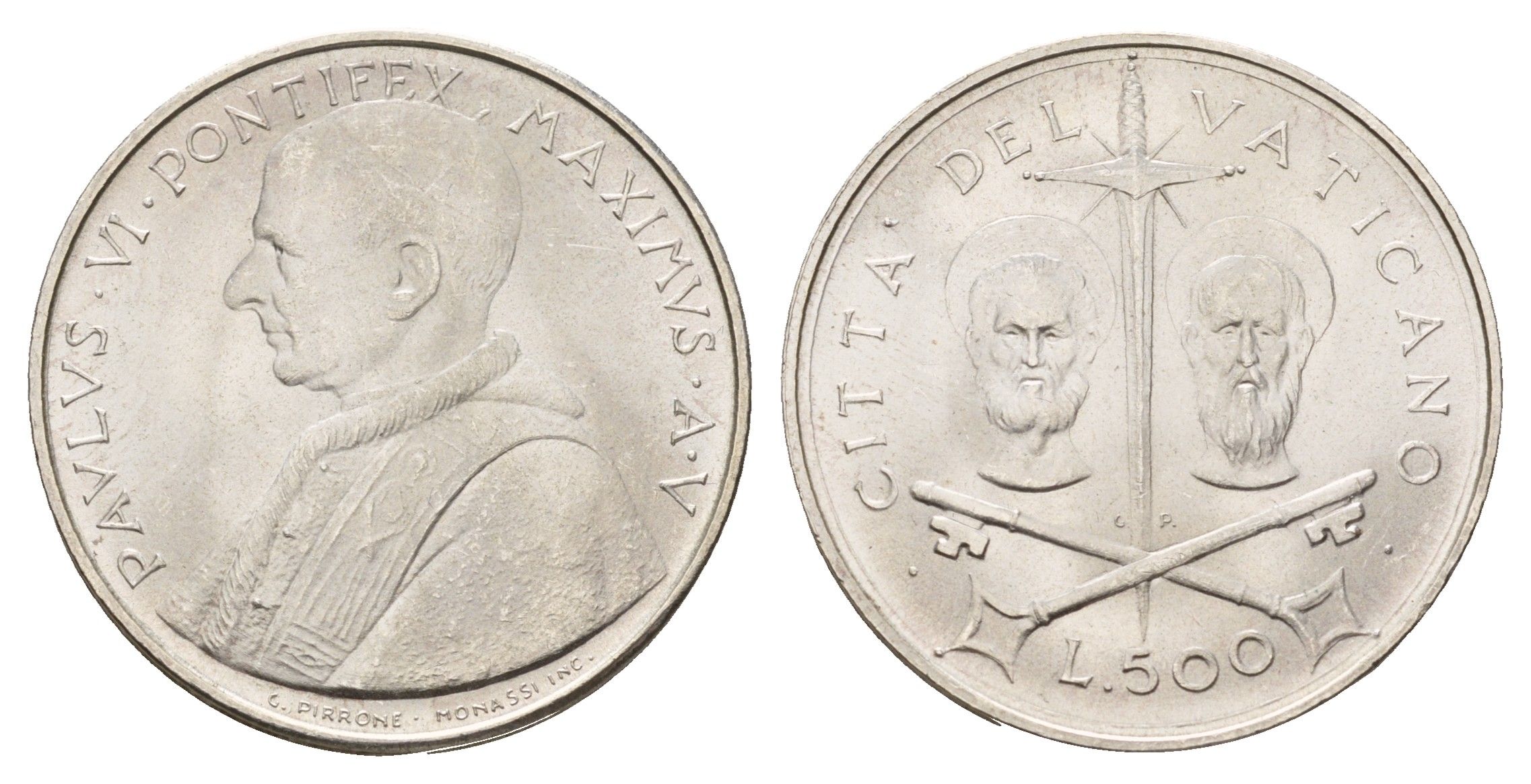 Ватикан 500 лир 1967 MCMLXVII, год-тип KM 99 серебро UNC 11-134-23