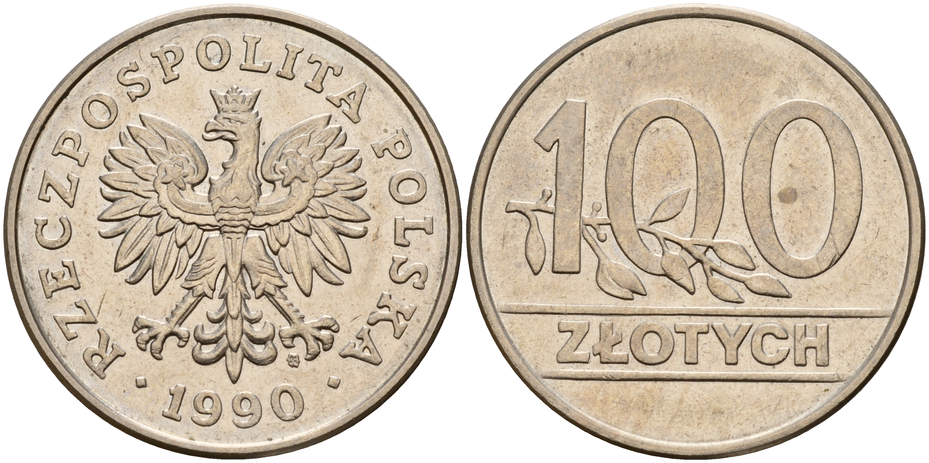 Польша 100 злотых 1990 MW, Демократическая Республика KM 214, Parchimowicz 602 медно-никель UNC 4157-825