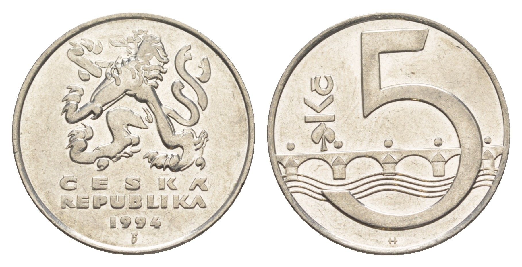 Чехия 5 крон 1994 чешский лев, Карлов мост KM 8 сталь плакированная никелем 4529-657