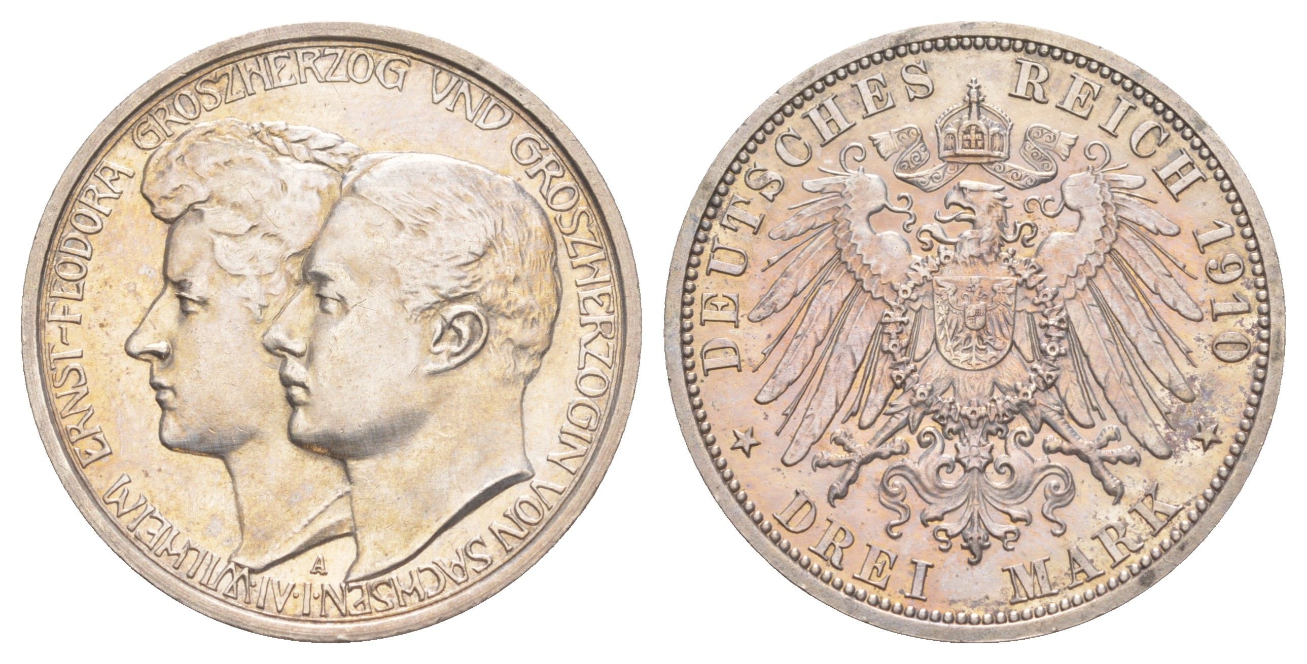 Саксен-Веймар-Эйзенах 3 марки 1910 A, Свадьба Вильгельма и Феодоры KM 221, J. 162 серебро 1523-1134