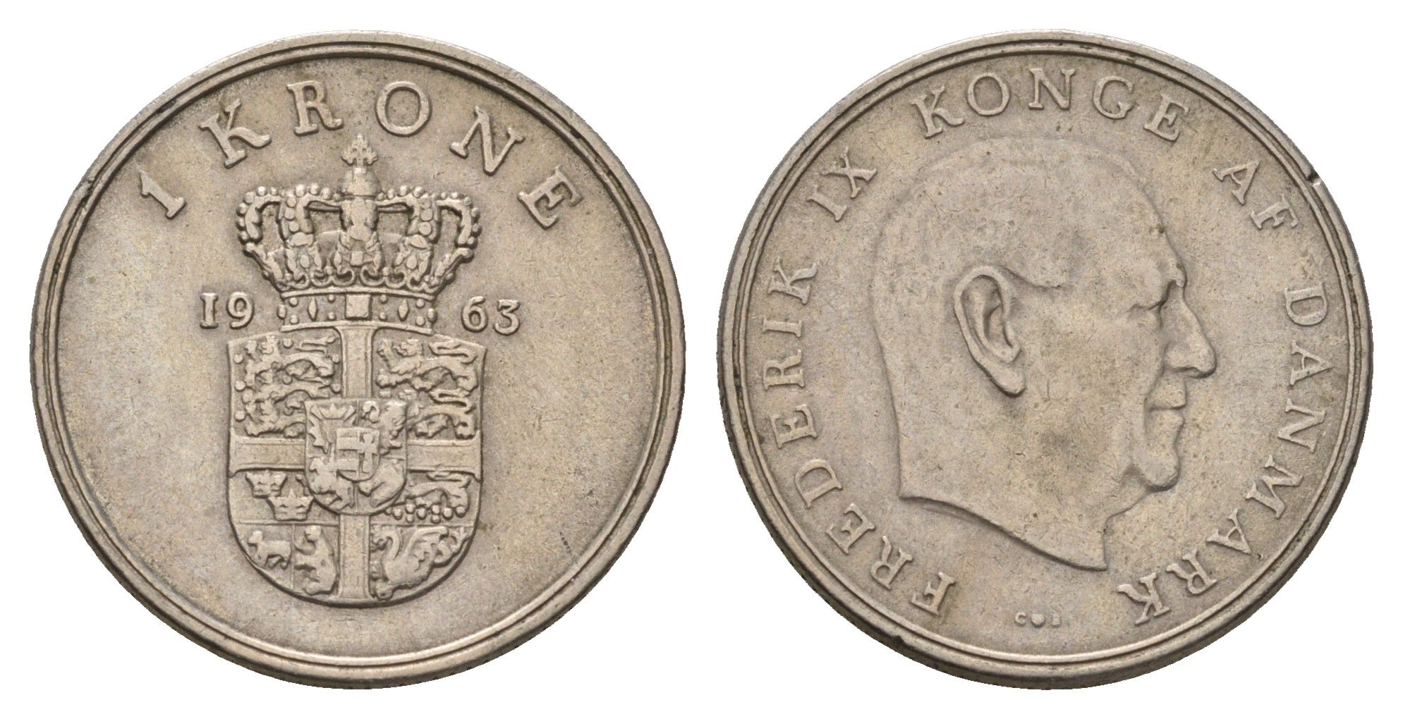 Дания 1 крона 1963 С; S, Фредерик IX (1947-1972) KM 851 медно-никель 4703-436