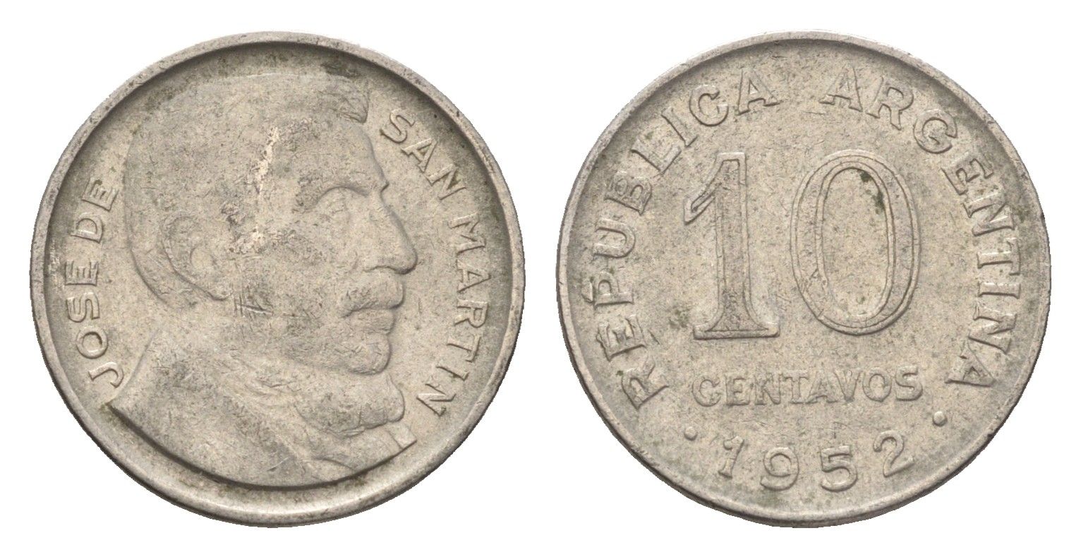 Аргентина 10 сентаво 1952 генерал Хосе де Сан Мартин KM 47 медно-никель 4664-548